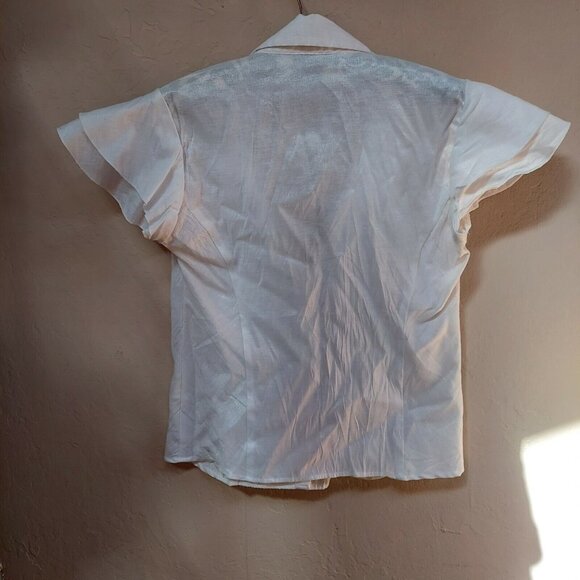 Flatiron Workshop Women Cotton Blend Button Down Shirt Top Blouse Flutter Sleeve - Picture 2 of 6